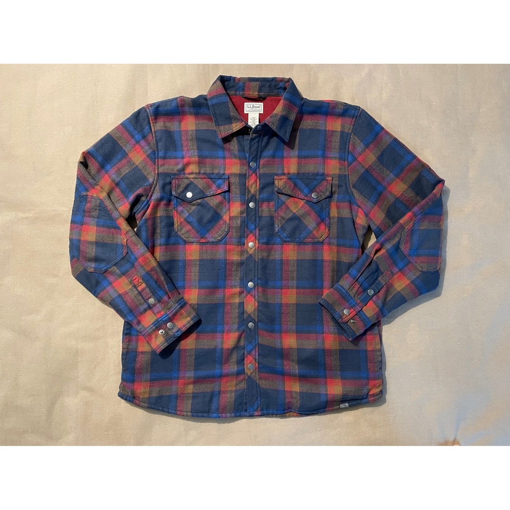 LL Bean Shacket Mens Large Plaid Fleece Lined Pocket Snaps Lumberjack Outdoors